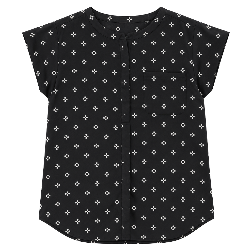 Liz Claiborne Blouse Size M Black White Clover Print V-Neck Pocket 1