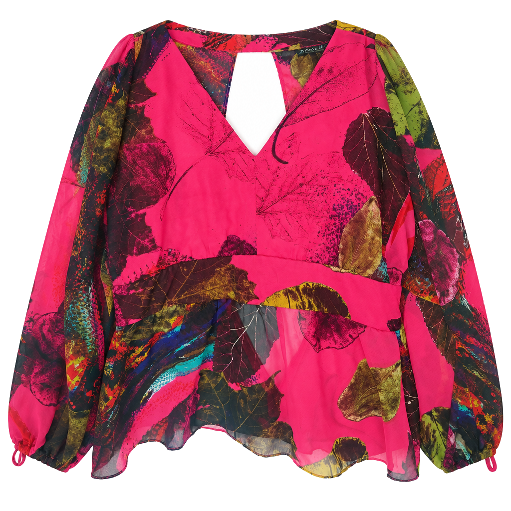Rampage Leaf Print Chiffon Blouse Size M Pink Long Sleeve Boho Top 1