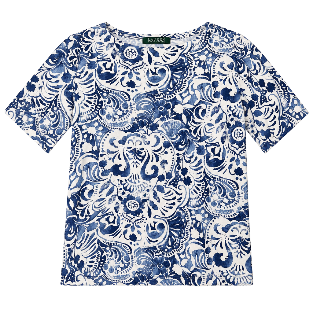 Lauren Ralph Lauren Blue White Floral Paisley Boatneck Top 1