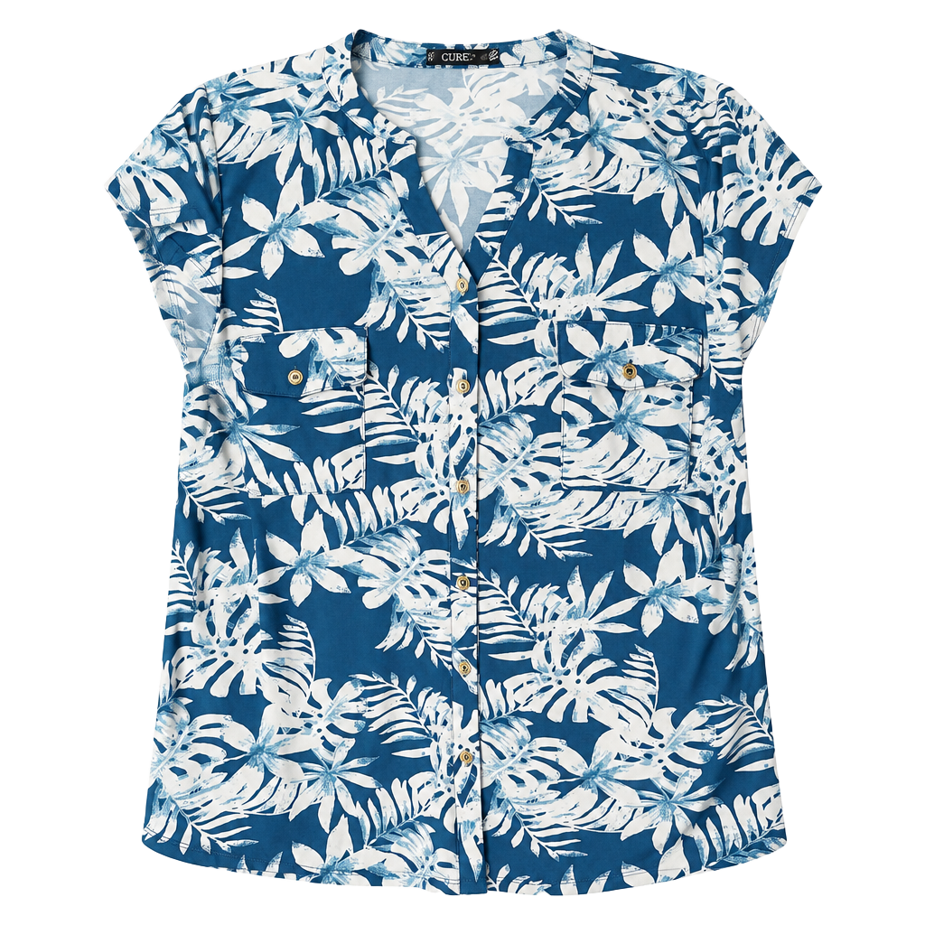 CURE Blouse Size 1XL Blue White Tropical Floral Button Front Pockets 1