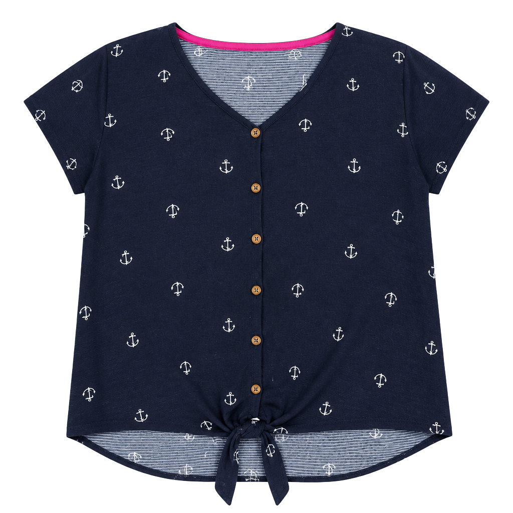 All in Love Top Size XL Blue Anchor Print Button-Front Tie Hem 1