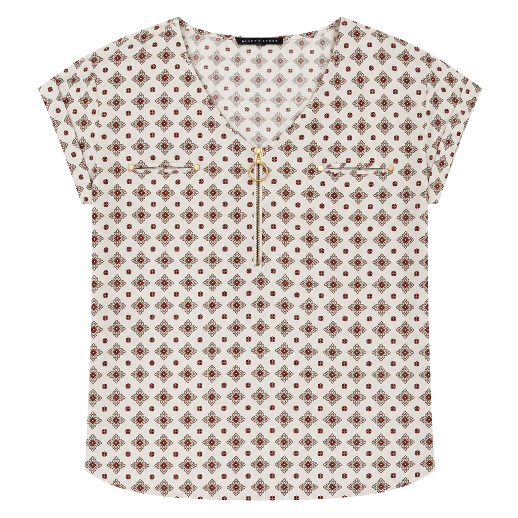 Fifty Street Blouse Size L White Red Geometric Print O-Ring Zip 1