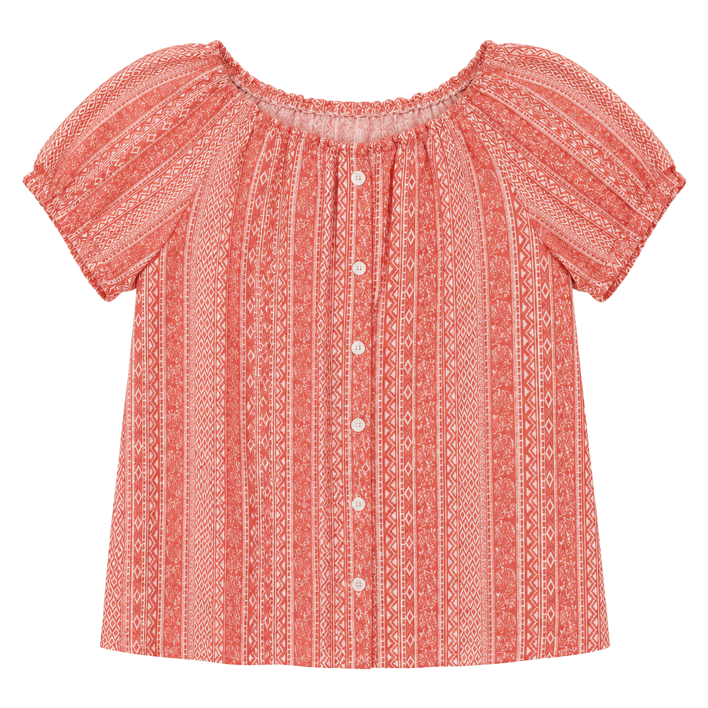 Exclusive One Blouse Size M Coral White Geometric Button Front Top 1