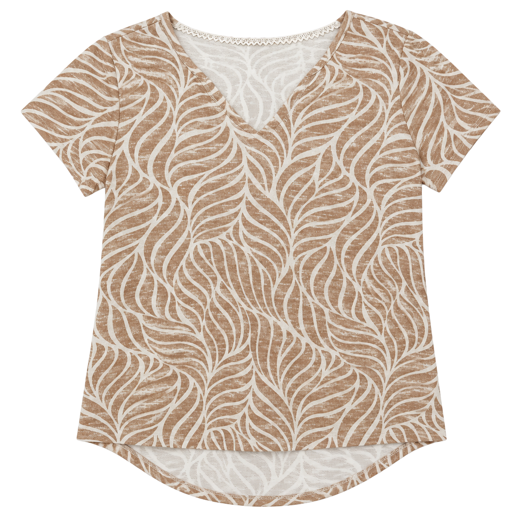 Daisy + Coco Sophie Leaf Print Split Neck Top Size M Brown White 1