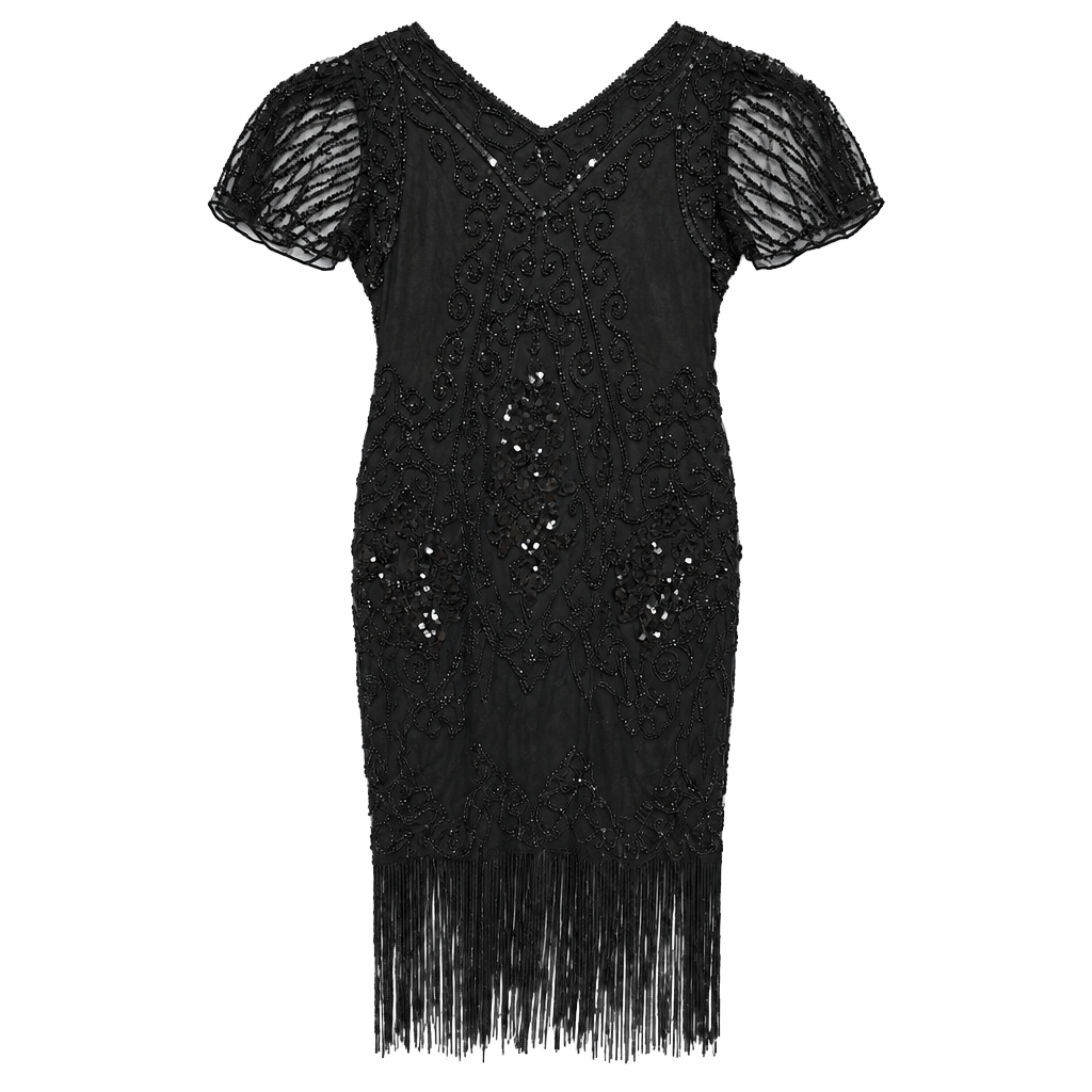 PrettyGuide Flapper Dress Size XL Black Beaded Sequin Fringe Art Deco 1