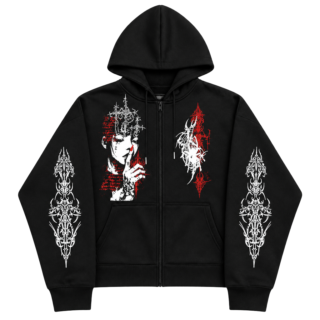 Unbranded Gothic Graphic Print Full Zip Hoodie Black 1