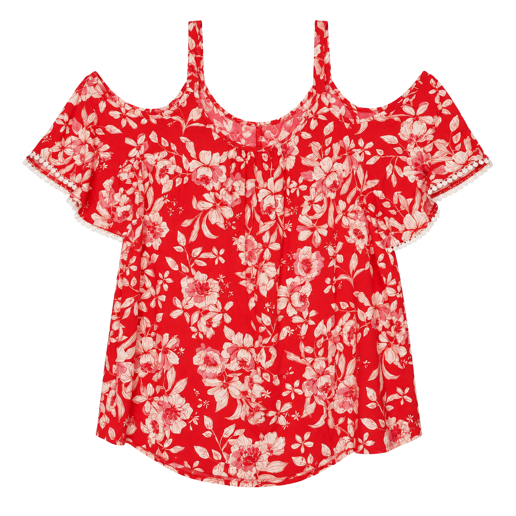 A.U.W. Lainy Floral Cold Shoulder Top Size 2X Red White Rayon Blouse 1