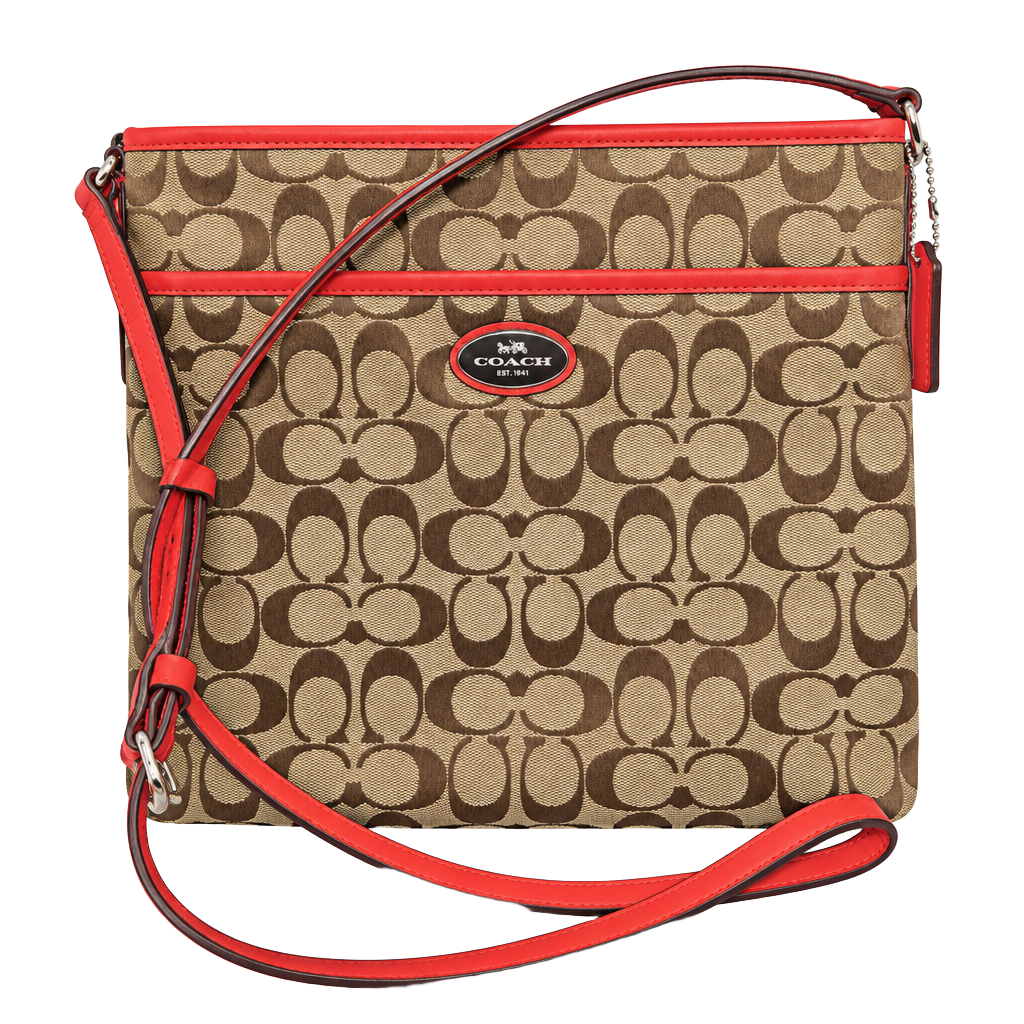 Coach Signature File Bag Crossbody Purse F36378 Khaki Red Leather Trim 1