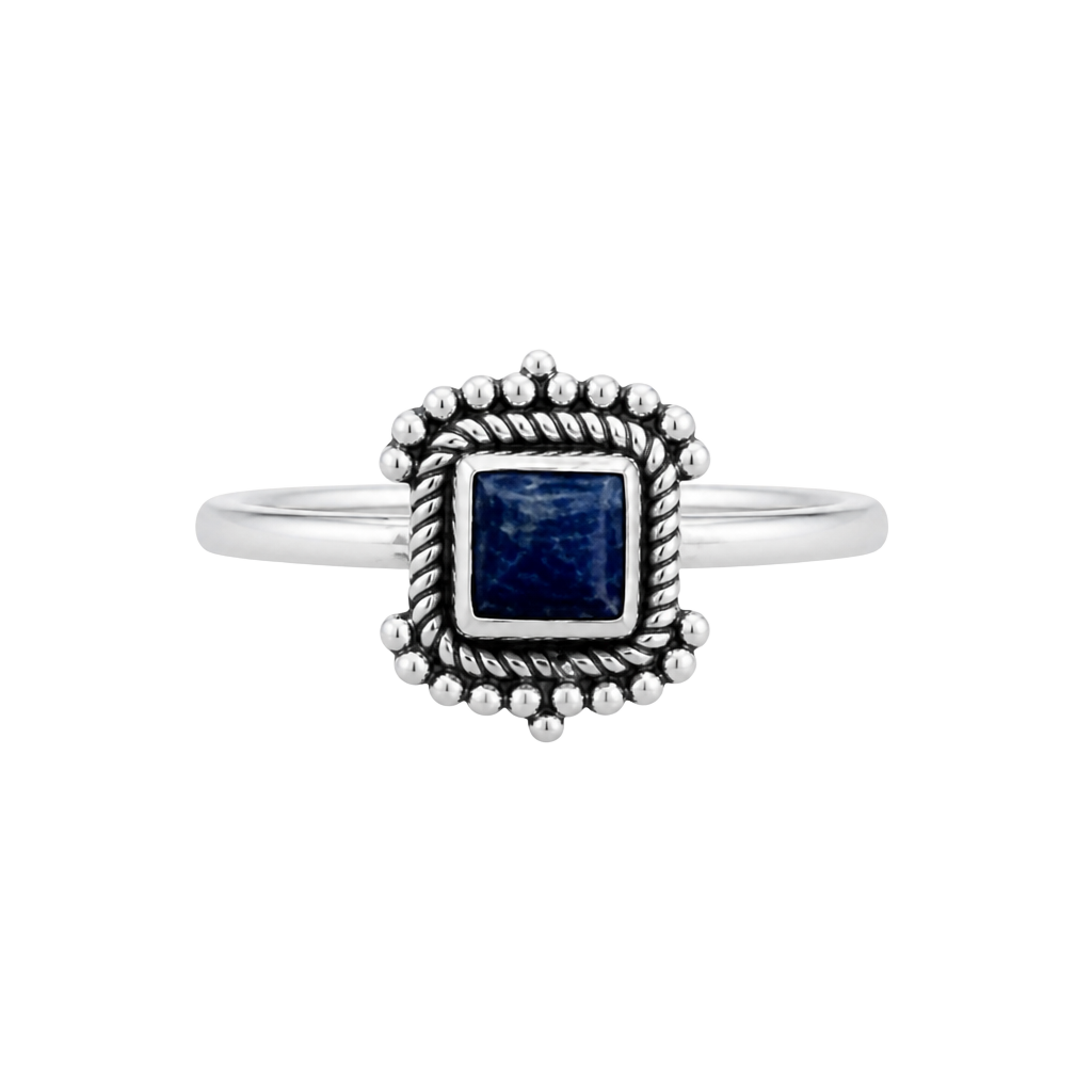 .925 Sterling Silver Square Lapis Lazuli Beaded Artisan Handmade Ring 1