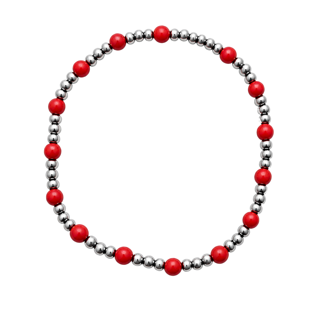 Southwestern Sterling Silver and Red Coral Beaded Stretchy Bracelet 1