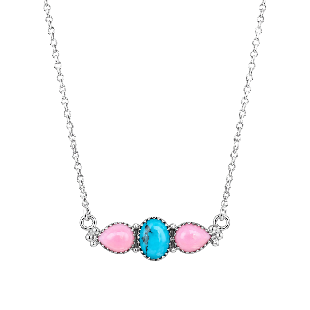 Sterling Silver Pink Conch and Turquoise Stone Necklace 1