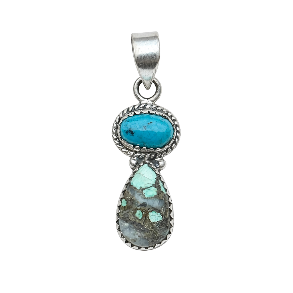 Southwestern Sterling Silver Two-Stone Turquoise Necklace Pendant 1