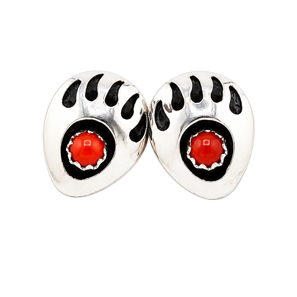 Native Handcrafted Sterling Silver Coral Bear Paw Stud Earrings 1