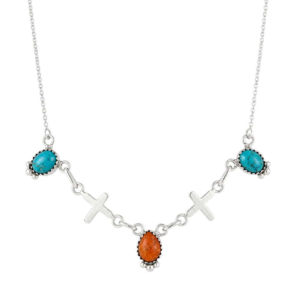 Southwest Sterling Silver Turquoise and Orange Mojave Cross Link Necklace 1