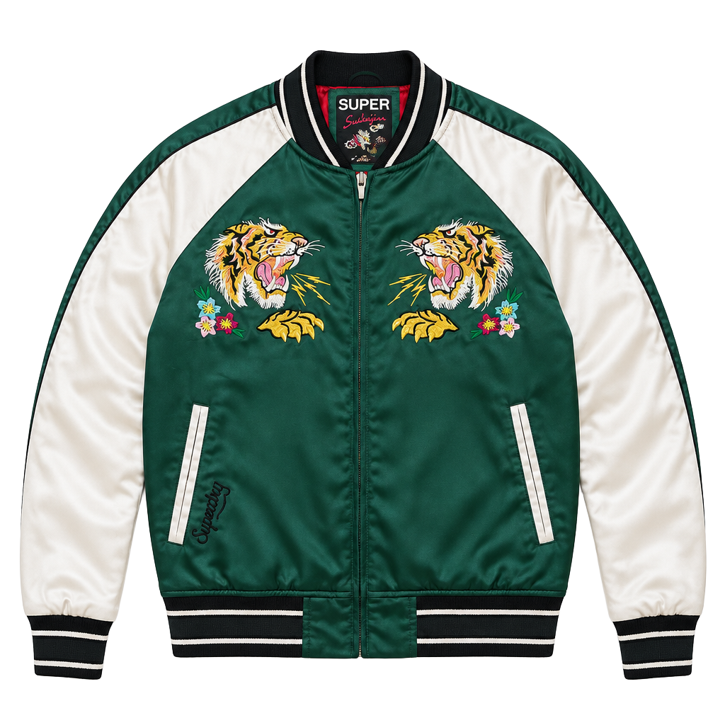 Superdry Suikajan Japan Embroidered Bomber Jacket US 4 Green Tiger 1