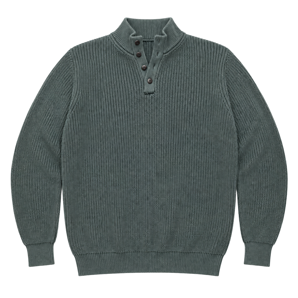 LL Bean Cotton Henley Sweater XXL-Tall Green Mock Neck Button Pullover 1