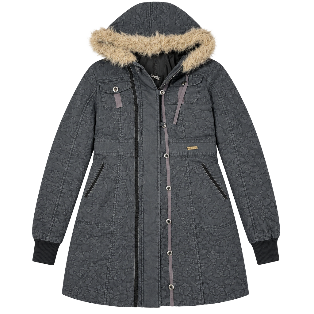 Billabong Quilted Hooded Parka Jacket Size M Gray Faux Fur Trim 1