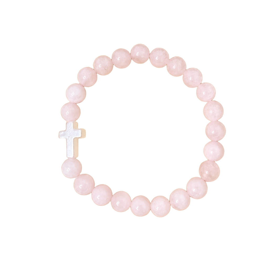 Rose Quartz Beaded Bracelet with a Cross 1
