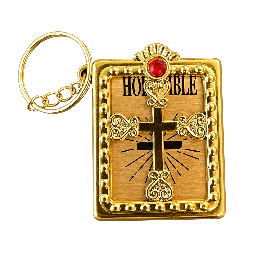 Miniature Holy Bible Keychain with Gold Cross and Rhinestone Accent 1