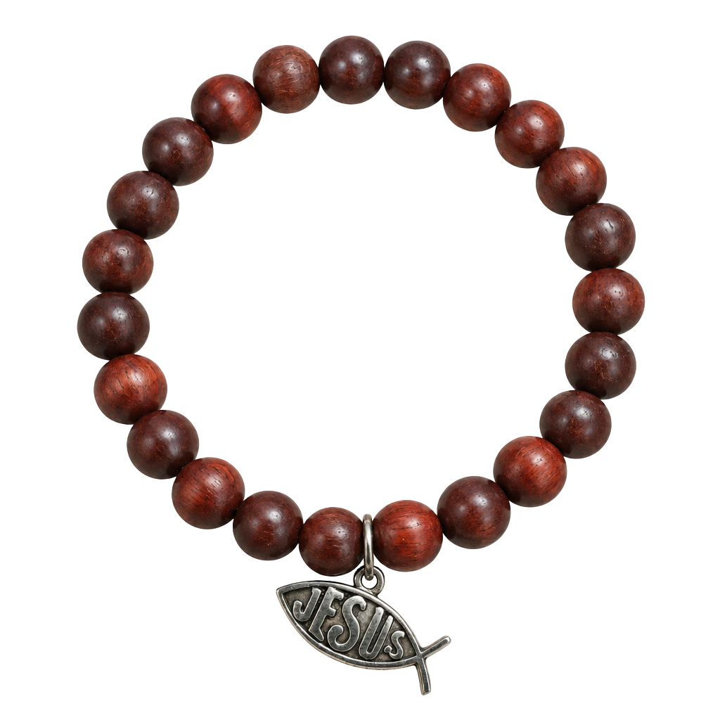 Unbranded Brown Wood Beaded Jesus Fish Charm Stretch Bracelet 1