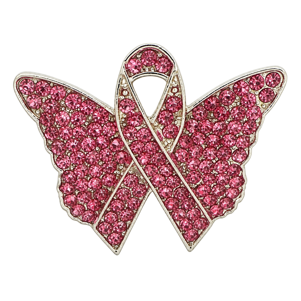 Breast Cancer Awareness Butterfly Pin with Pink Rhinestones and Ribbon Design 1