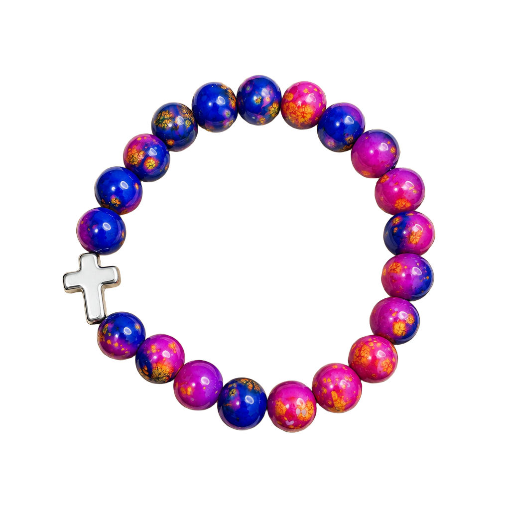 Glass 10mm Purple and Pink Beaded Bracelet with Cross 1