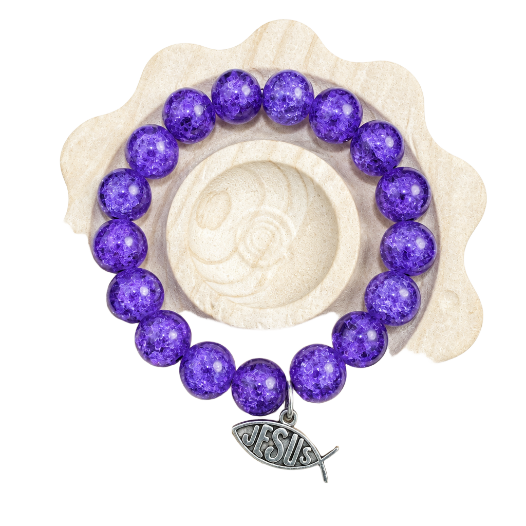 Unbranded 12mm Purple Crackled Glass Bead Jesus Fish Charm Bracelet 1