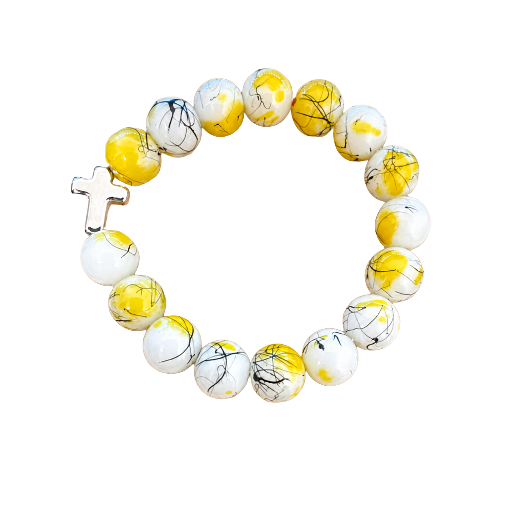 Glass Bead Round Yellow Splatter Beaded Bracelet with Cross Charm 1