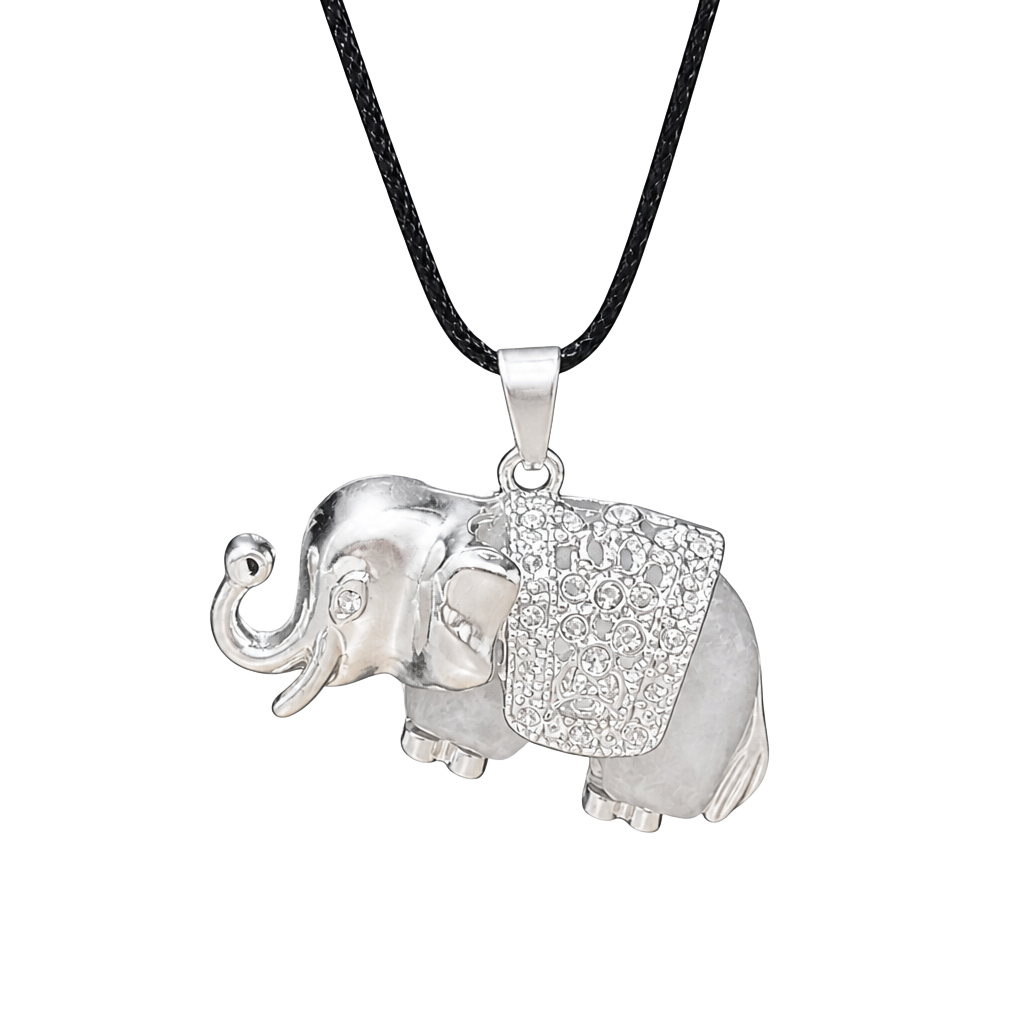 Clear Quartz Traveling Elephant Pendant Black Cord Necklace 1