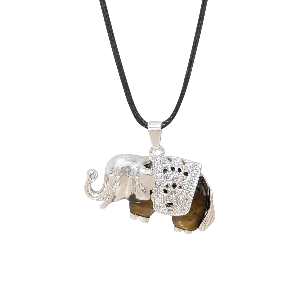 Tiger’s Eye Traveling Elephant Pendant Black Cord Necklace 1