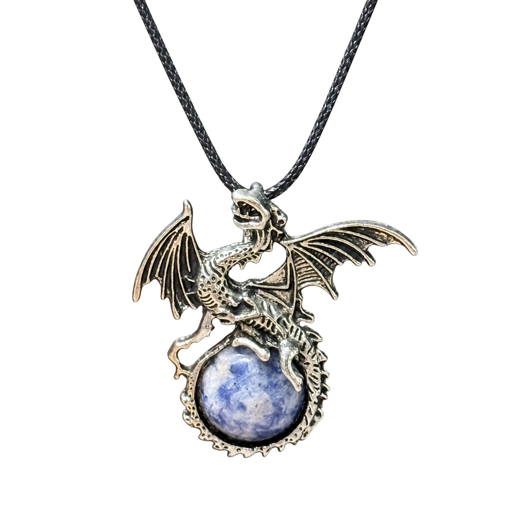 Sunset Sodalite Dragon Pendant Black Cord Necklace 1