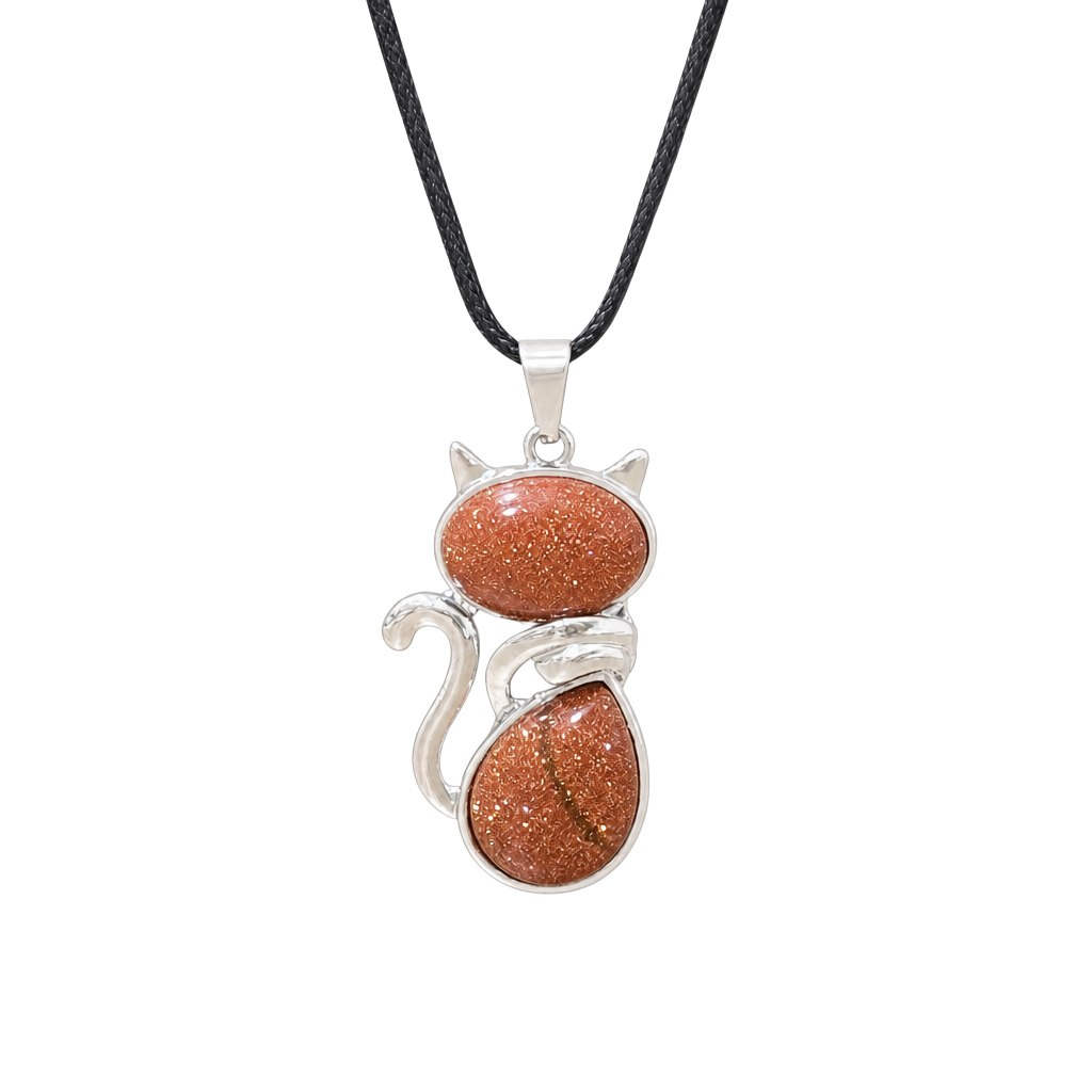 Goldstone Crystal Cat Pendant Black Cord Necklace 1