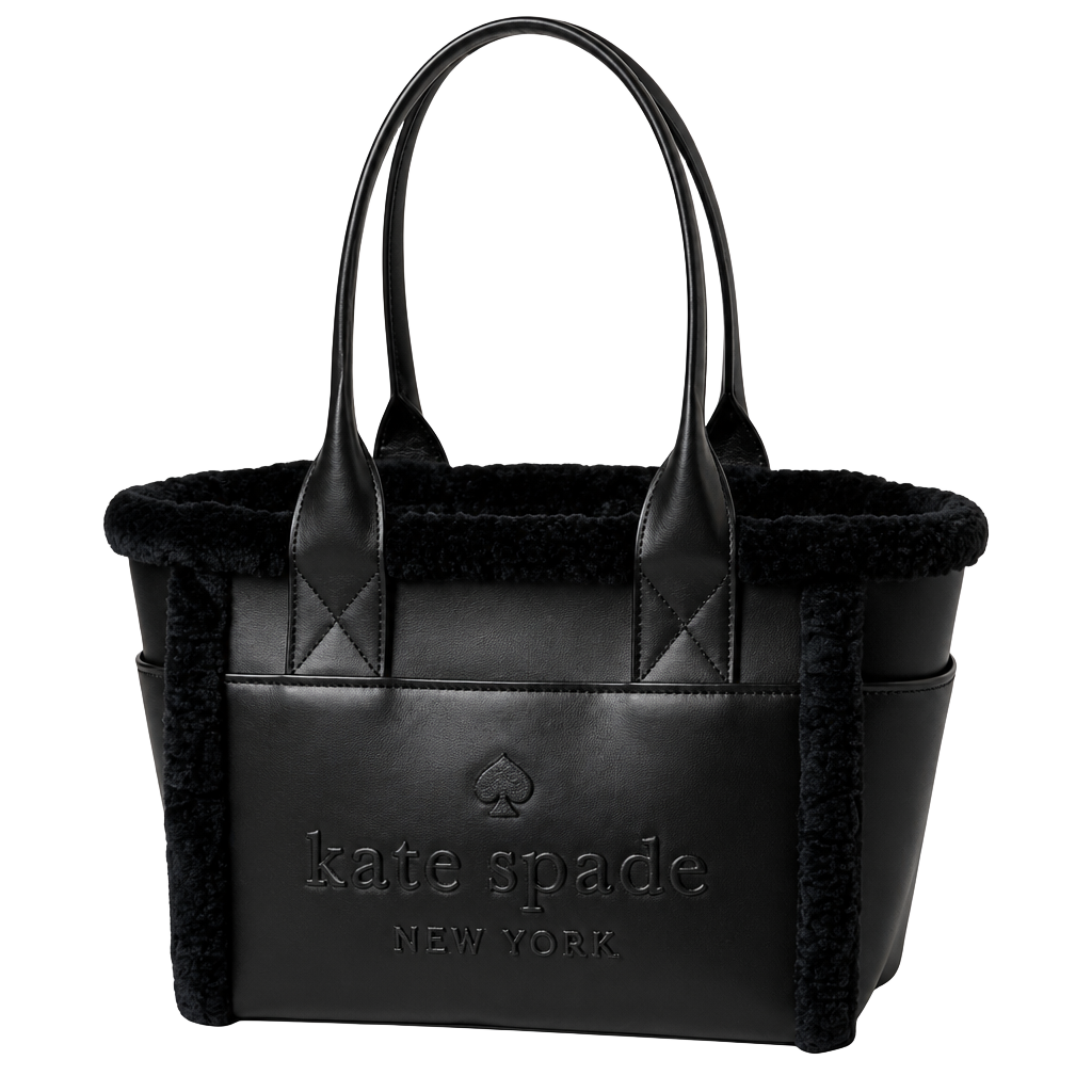 Kate Spade Large 17” Jett Black Faux Shearling Patent Leather Tote Bag 1