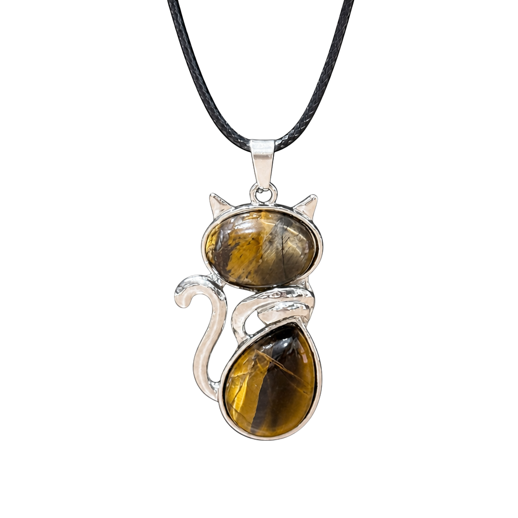 Tiger’s Eye Crystal Cat Pendant Black Cord Necklace 1