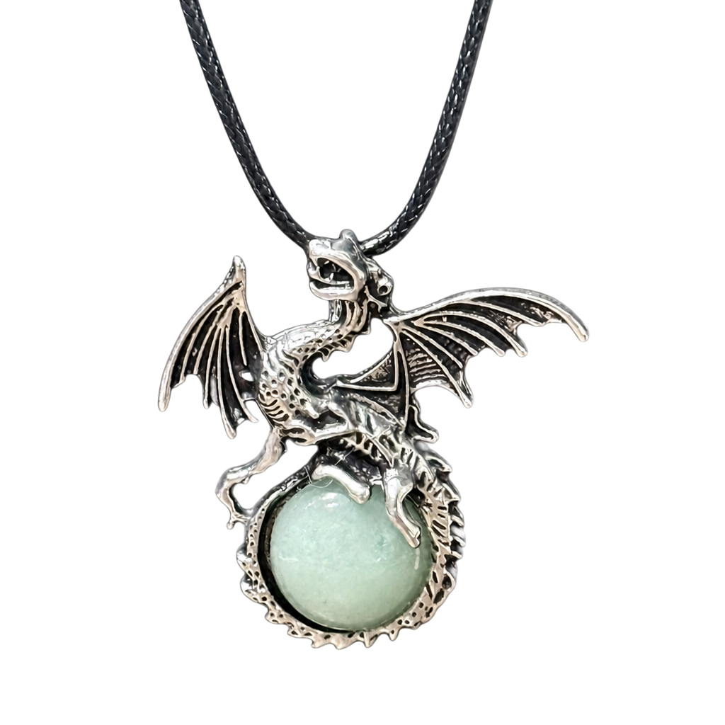 Green Aventurine Dragon Pendant Black Cord Necklace 1