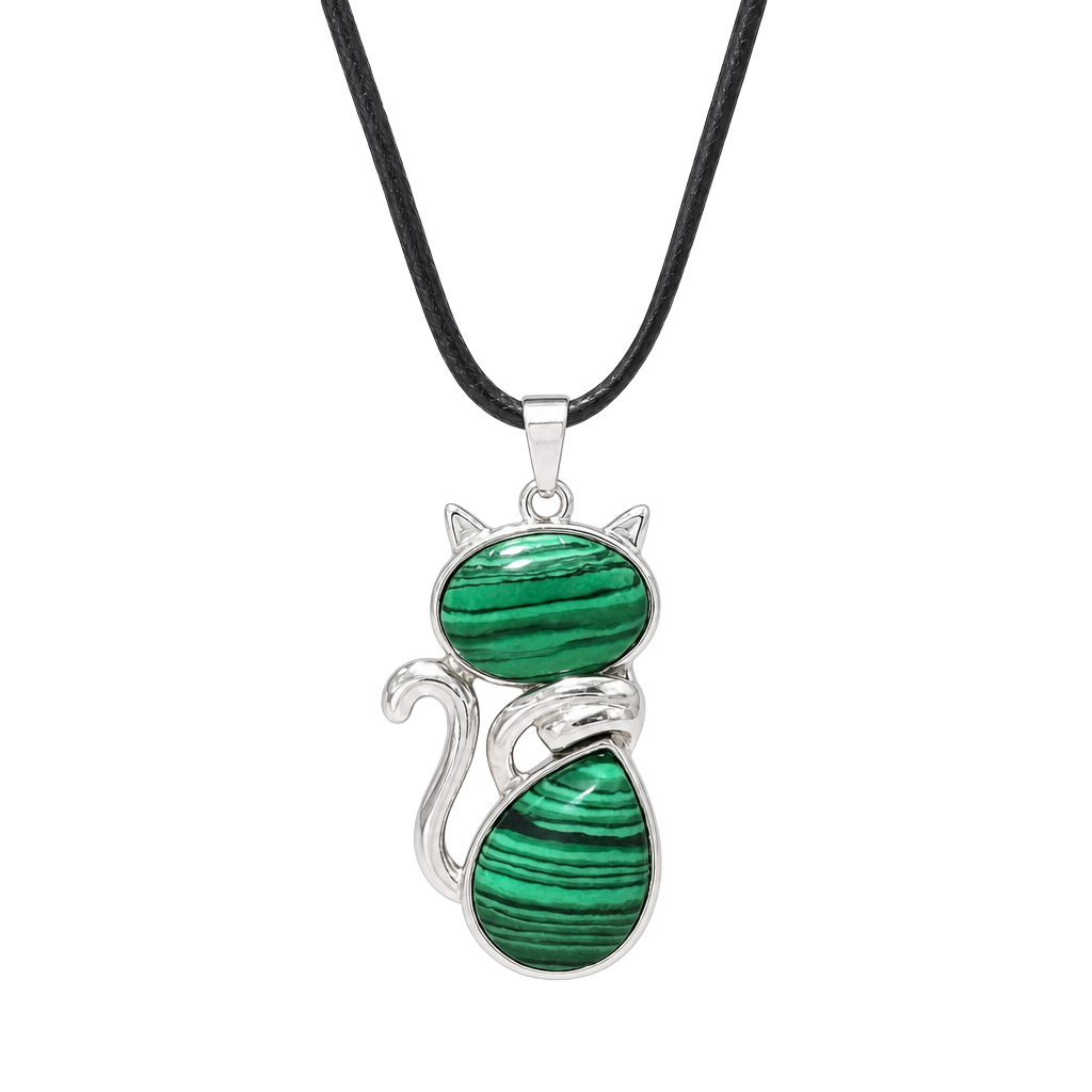 Malachite Crystal Cat Pendant Black Cord Necklace 1