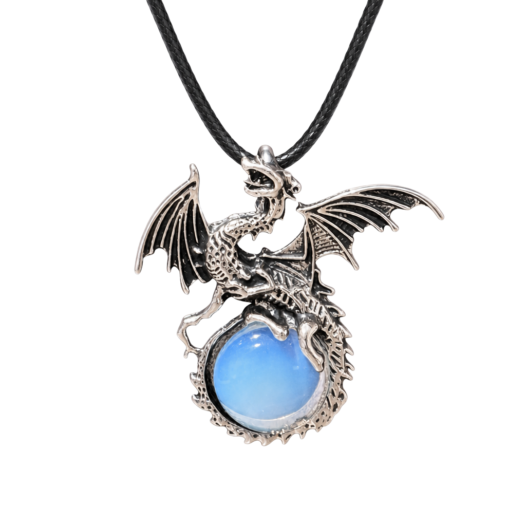 Opalite Dragon Pendant Black Cord Necklace 1