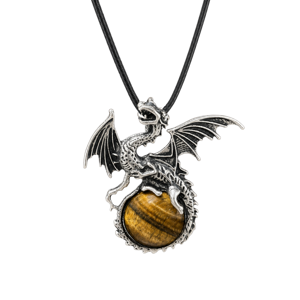 Tiger’s Eye Dragon Pendant Black Cord Necklace 1
