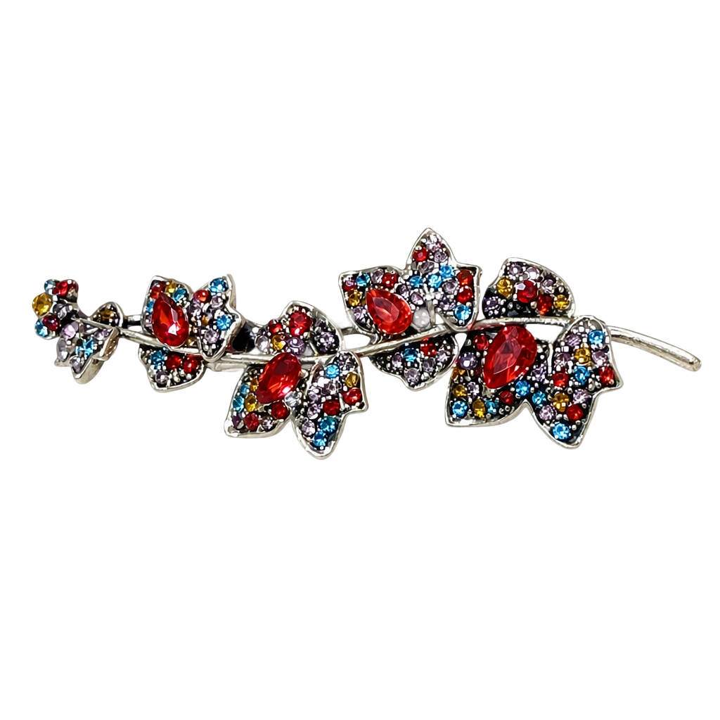 Leaf on Branch Multi-Colored Rhinestone Gold Tone Pendant Brooch 1