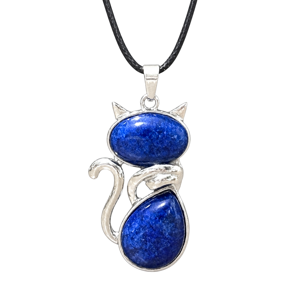 Lapis Lazuli Crystal Cat Pendant Black Cord Necklace 1