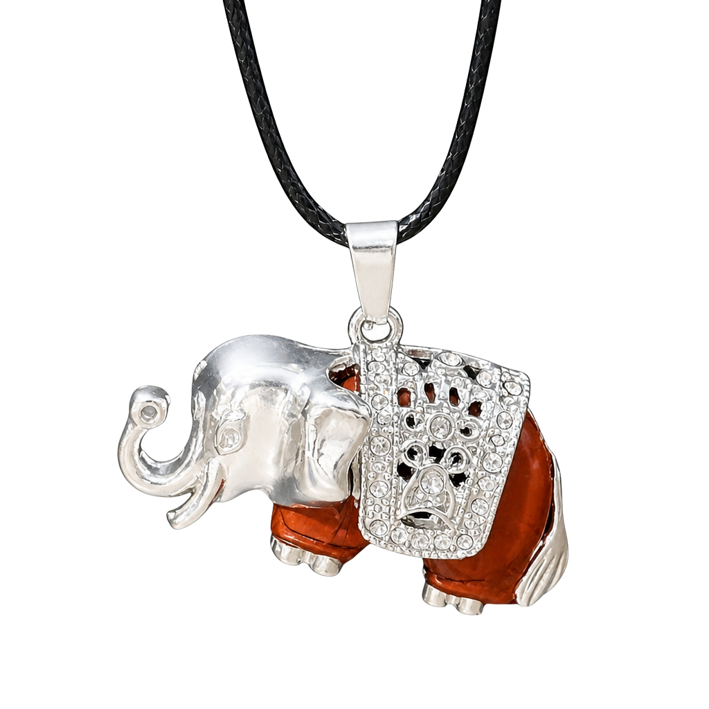 Red Jasper Traveling Elephant Pendant Black Cord Necklace 1