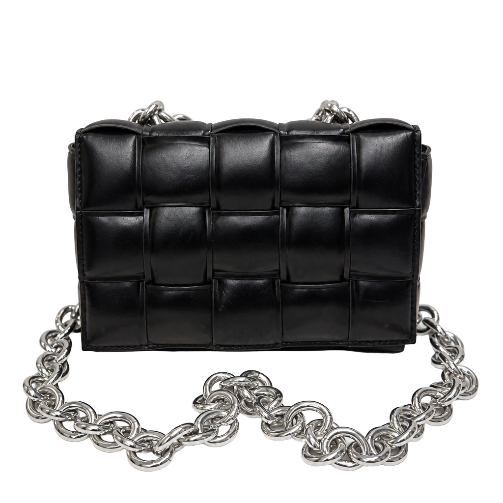 Black Padded Woven Chain Shoulder Bag Chunky Silver Chain Cassette Style Crossbody 1