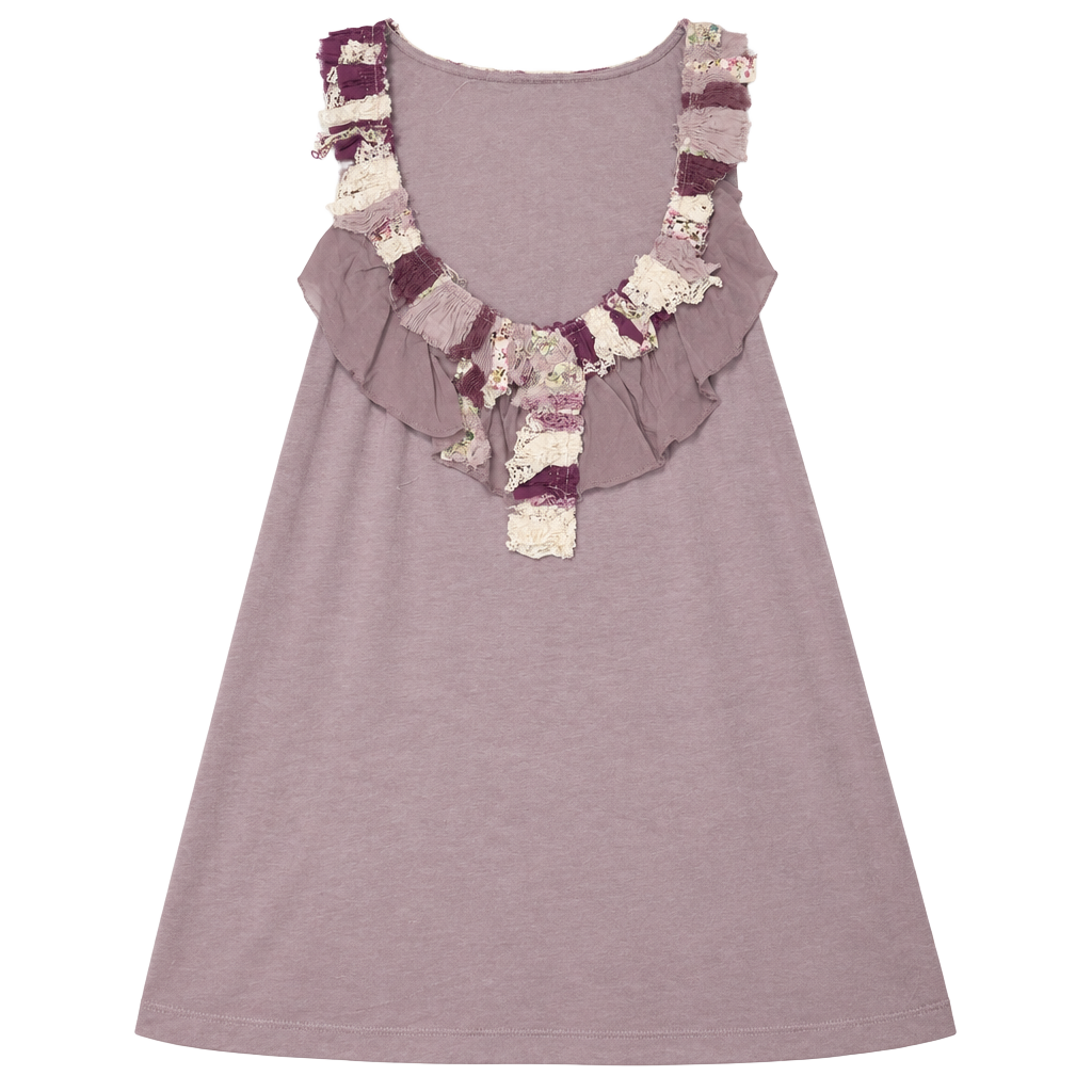 One September Tank Top Size S Mauve Patchwork Lace Ruffle Trim 1