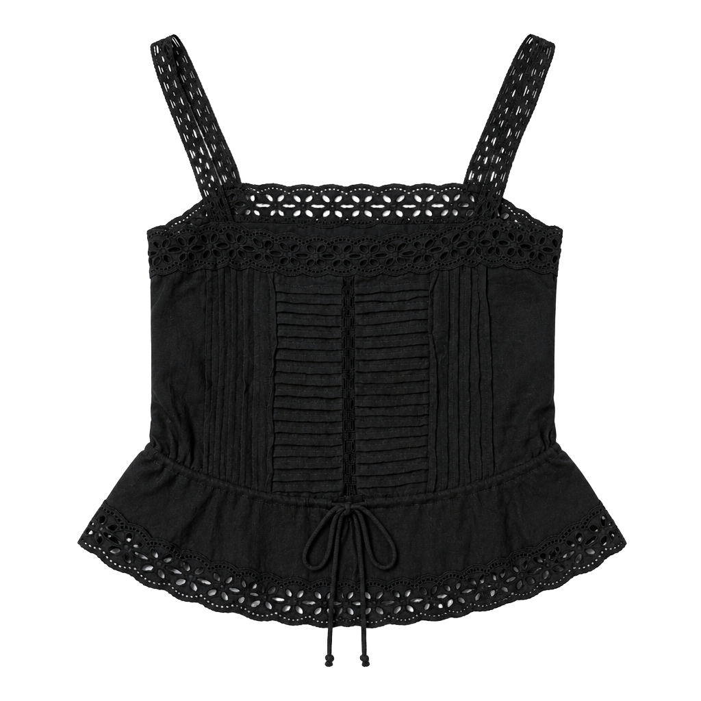 Olivaceous Black Eyelet Lace Trim Pleated Peplum Cami Tank Top 1