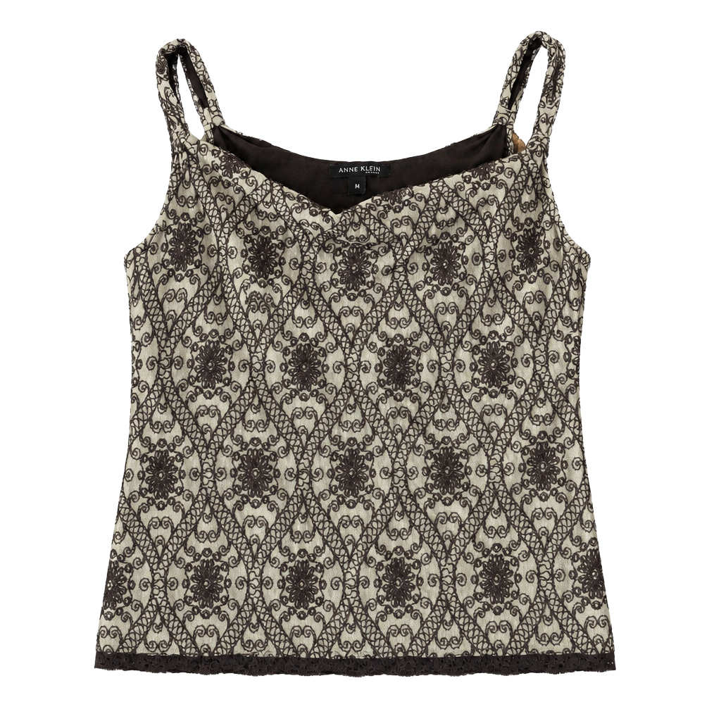 Anne Klein Vintage Brown Floral Mesh Overlay Lace Trim Camisole Tank Top 1
