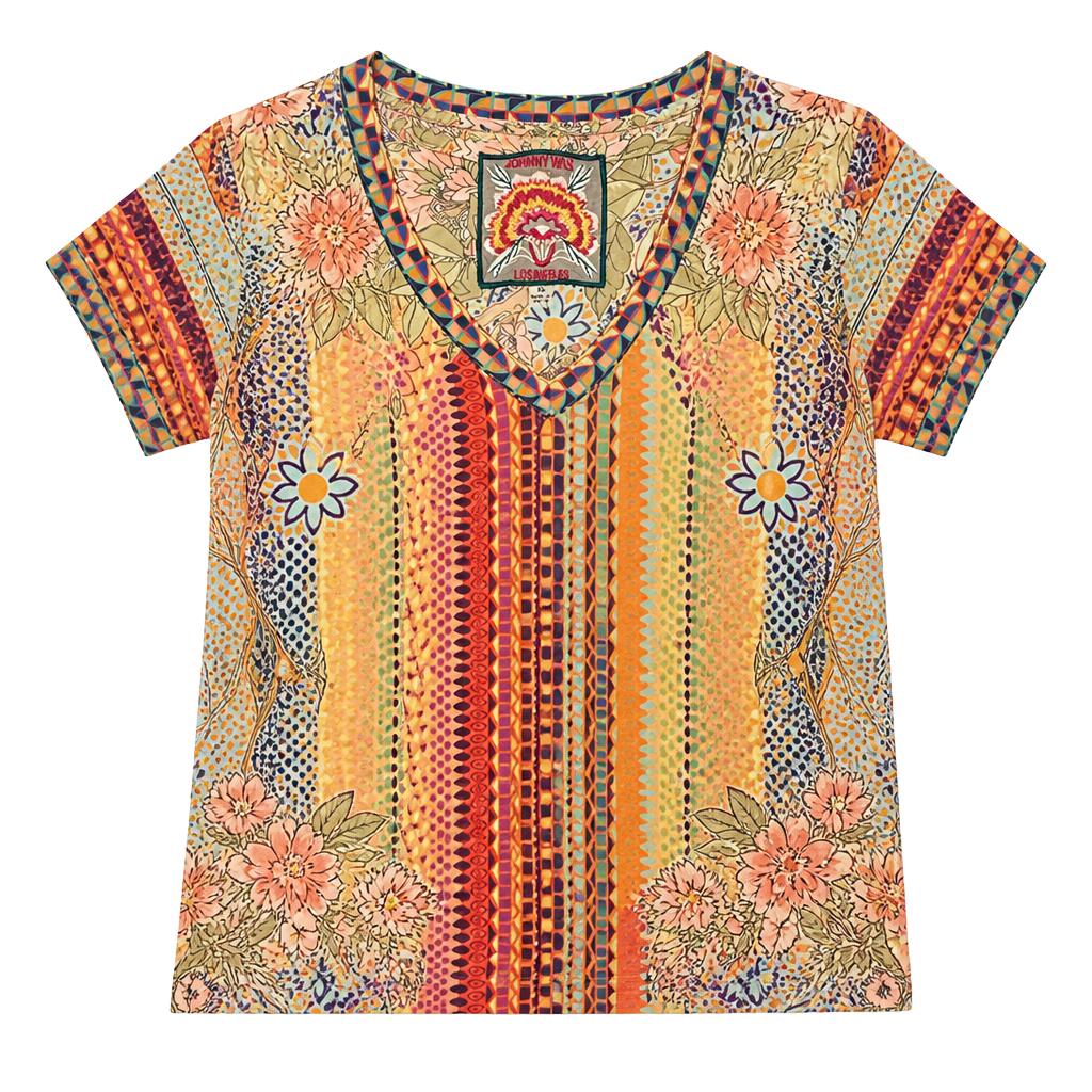 Johnny Was Women's Multi-Colored Floral Print Short Sleeve V-Neck T-Shirt (Style T17325-RD) 1