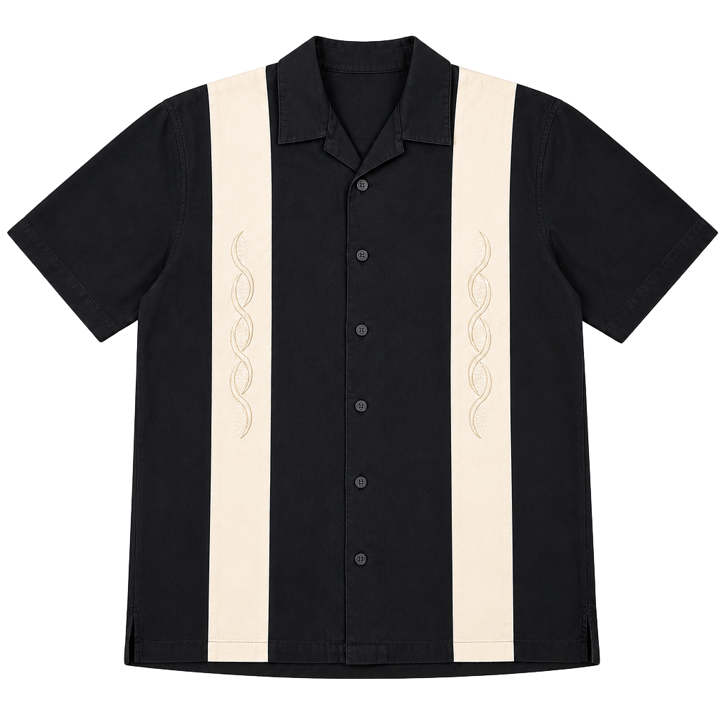 Utility VNTG Embroidered Panel Bowling Shirt Short Sleeve Black Tan Men's Size M 1