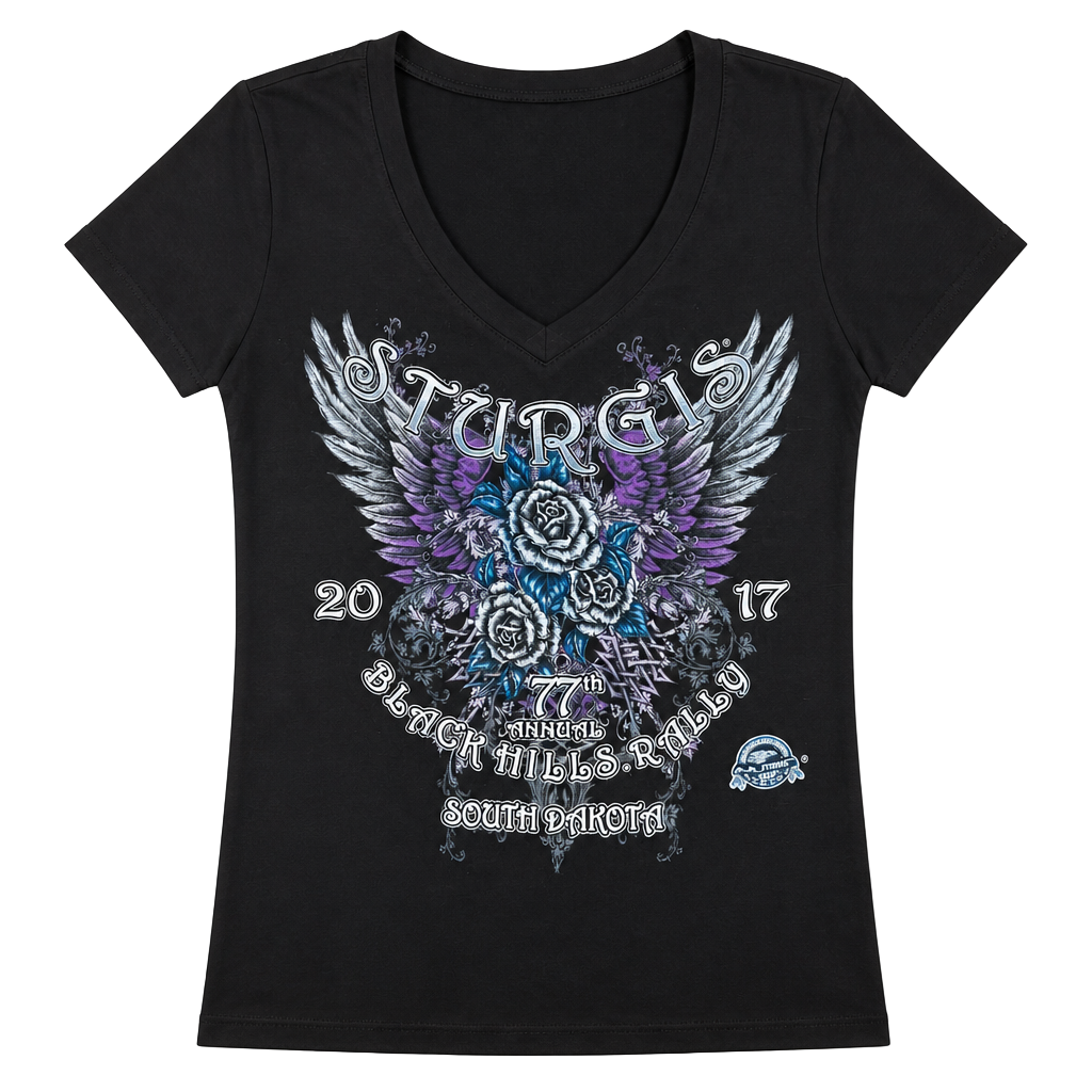 Sturgis 2017 77th Annual Black Hills Rally Women's V-Neck Graphic Tee M 1