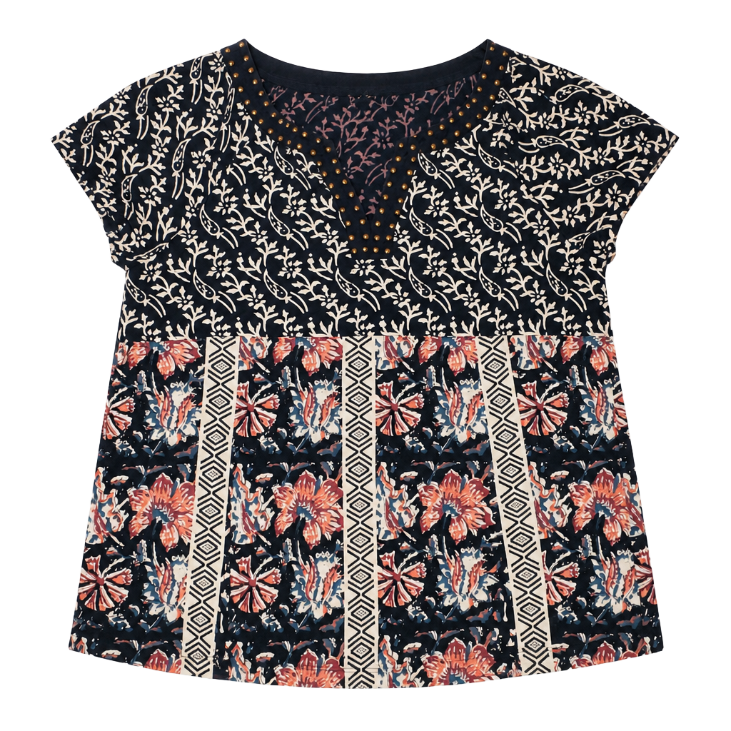Lucky Brand Mixed Floral Print Studded V-Neck Top Size M 1