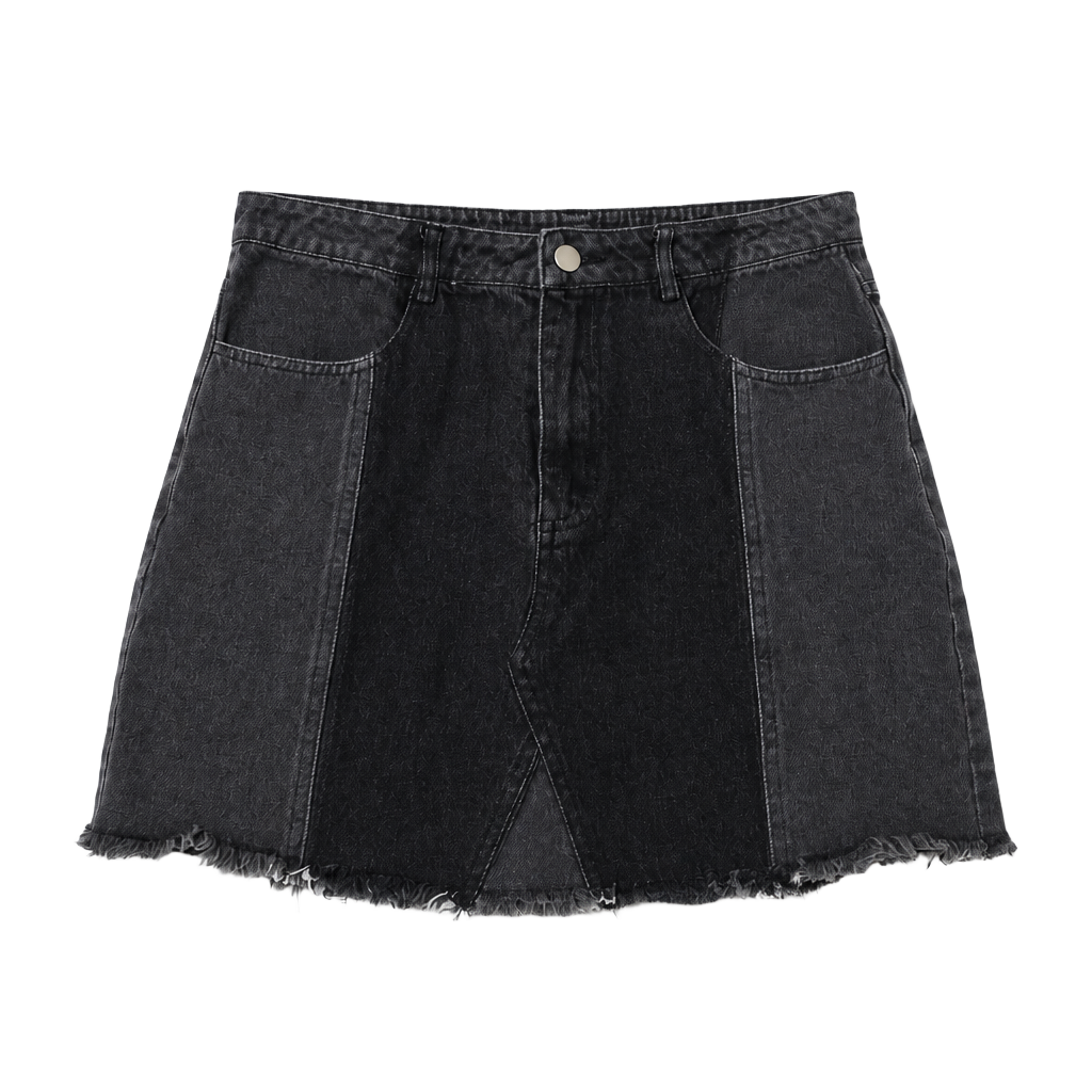 Altar'd State Two-Tone Black Denim Raw Hem Mini Skirt Size M 1